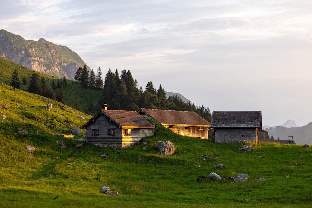 Traditional Swiss wooden chalet exterior surrounded by mountains